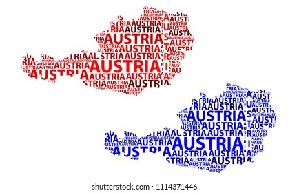 Sketch Austria letter text map, Albania - in the shape of the continent, Map Republic of Austria - red and blue vector illustration