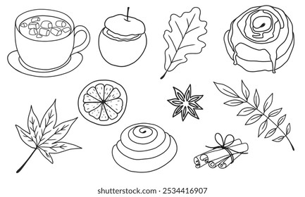 Sketch of autumn elements. Apples, cinnamon roll, cocoa, orange slice, leaves