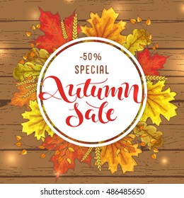 sketch autumn sale circle banner; vector discount offer with autumnal colorful maple, oak leaves, branch and ears of wheat on wooden texture; vector illustration; poster or label for shop and market;