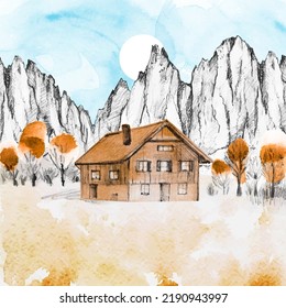 Sketch autumn vector rural landscape. Hand draw illustration with trees, meadow, mounain, house and watercolor textures. Design for print, gift card, banner, poster