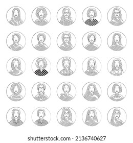 Sketch avatar of diverse young business woman. Hand drawn of female face avatar set isolated on colorful circle background. Vector illustration design.
