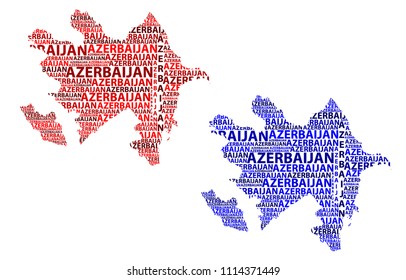 Sketch Azerbaijan letter text map, Azerbaijan - in the shape of the continent, Map Republic of Azerbaijan - red and blue vector illustration