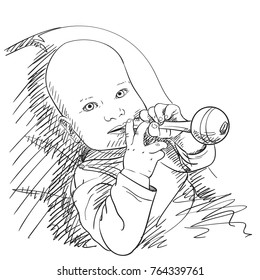 Sketch of baby boy ore girl chewing toy, Hand drawn vector illustration with hatched shades