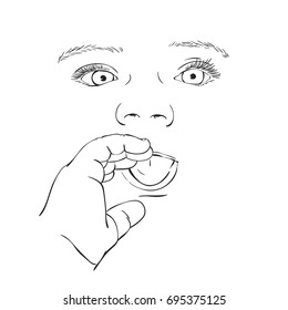 Sketch of baby face happy with asymmetric eyes with long eyelashes and hand touching mouth, Hand drawn vector illustration isolated on white background