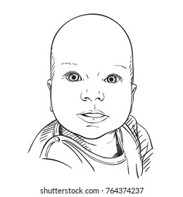 Sketch Of Baby Head With Attentive Eyes And Open Mouth, Hand Drawn Vector Illustration Isolated On White Background