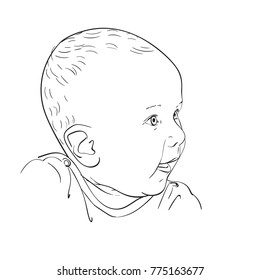 Sketch of baby head with attentive eyes and open mouth, Hand drawn vector illustration isolated on white background