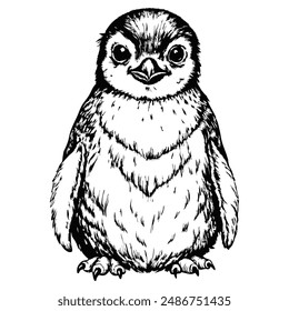 Sketch of a baby penguin, front view, on a white background.