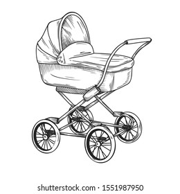 Sketch of a baby stroller. Vector illustration