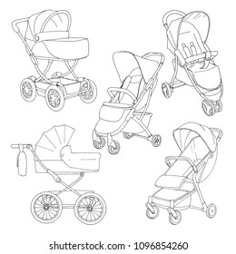 Sketch of a baby stroller and stroller for walks. Vector illustration