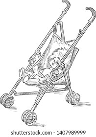 Sketch of baby toy carriage with a doll