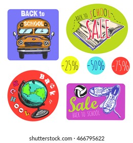 Sketch back to school logo or sticker set with sales and titles vector illustration