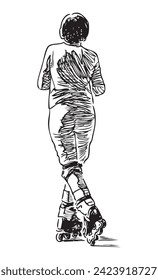 Sketch of back view casual young sportswoman roller skating black and white hand drawn illustration isolated on white