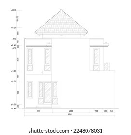 A sketch of the back view of a two-story residential house in black and white and has dimensions