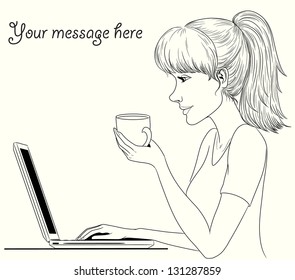 Sketch background with a beautiful girl drinking tea and working in notebook