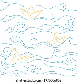 Sketch background with blue waves and paper ships. Seamless pattern illustration of ocean surf wave.