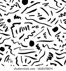 Sketch background with brush stroke lines, waves, circles and polka dots. Hand drawn vector seamless pattern. Doodle and freehand ink drawing. Black and white modern graphic texture. 