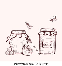 Sketch background with jar of honey, jam, a stick for honey, honeycomb, lemon and bee