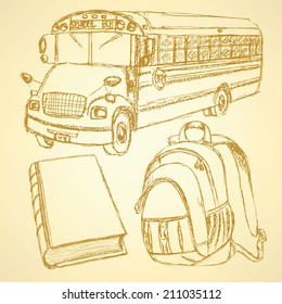 Sketch backpack, book and school bus, set 