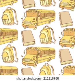 Sketch backpack, book and school bus, seamless pattern 