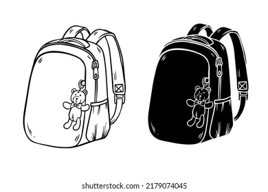 Sketch of backpack. School, walking, sports rucksack isolated on white background. Sketch style vector illustration.