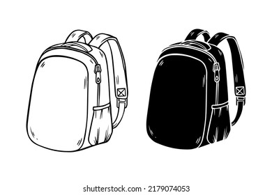 Sketch of backpack. School, walking, sports rucksack isolated on white background. Sketch style vector illustration.