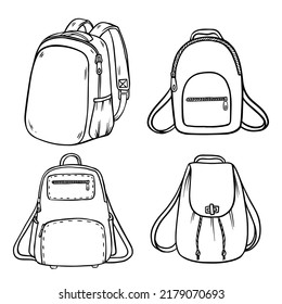 Sketch of backpacks. School, walking, sports backpack isolated on white background. Sketch style vector illustration.