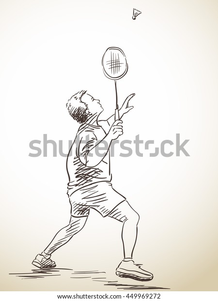 Sketch Badminton Player Hand Drawn Vector Stock Vector (Royalty Free