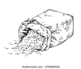 Sketch Bag Of Flour, Salt, Sugar. Wheat Flour Spilled Out Of The Bag. Hand Drawn Illustration.  
