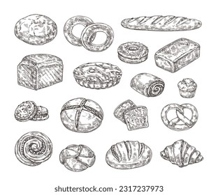 Sketch bakery food. Hand drawn bread, sweet pastry and desserts for food packaging designs. Baked goods vector illustration set. Organic homemade products as croissant, baguette, cookies