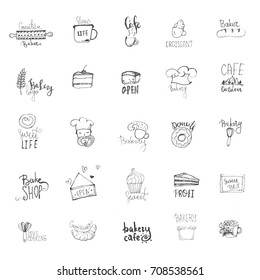 Sketch Bakery logo set. Lettering typography, badges, labels with cook, cake, cup
