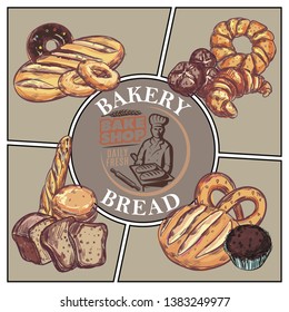 Sketch bakery products concept with bread french baguette croissant bagel donut muffin pretzel and bake shop emblem vector illustration