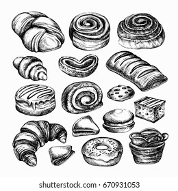  Sketch bakery products. Different kinds of bread rolls, bakery bread engraved illustration