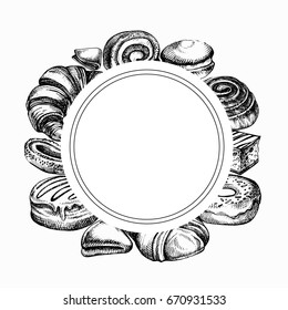  Sketch bakery products frame. Different kinds of bread rolls, bakery bread engraved illustration