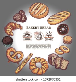 Sketch bakery products round concept with bread french baguette croissant pretzel muffin donut bagels and bakehouse badges vector illustration