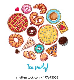 Sketch bakery round with isolated icon set on pie sweet and dessert themes combined in round vector illustration