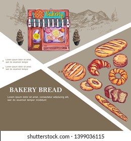 Sketch baking products template with croissant french baguette buns bagel bread bakery emblems and shop vector illustration