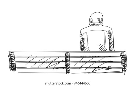 Sketch of baldheaded man sits on bench, View from behind, Hand drawn vector illustration with hatched shades isolated on white background