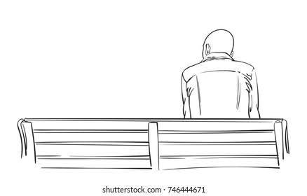 Sketch of baldheaded man sits on bench, View from behind, Hand drawn vector illustration isolated on white background