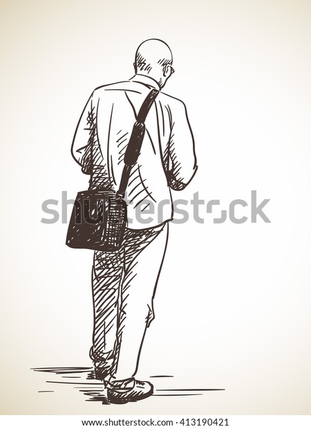 Sketch of bald-headed man standing Back view Hand drawn illustration