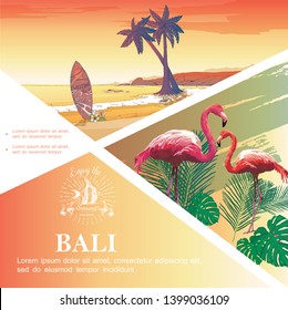 Sketch Bali vacation template with flamingos monstera and palm leaves tropical beach landscape vector illustration