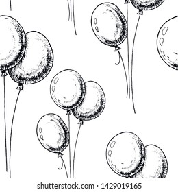 Sketch balloons pattern. Hand drawn seamless background with sketch stile air balloons. Monochrome vector backdrop.