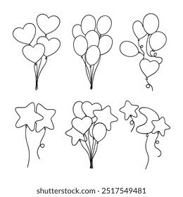 Sketch of balloons. A set of inflatable balls on a string. Balloons of different shapes and sizes. Vector illustration