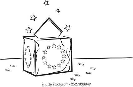 Sketch of ballot box with EU flag and stars and ballot paper, EU election background	
