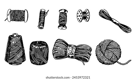 Sketch of balls of yarn, spools of thread. Tools for knitwork, sewing work, handicraft doodle set. Outline vector illustration collection.