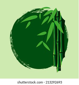 Sketch of bamboo with circle background. Stems, leaves and branches. Place for your text (copy space)
