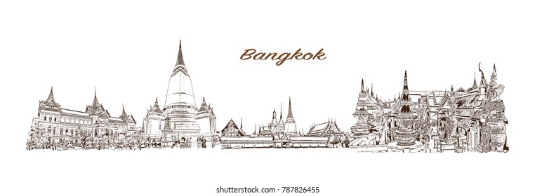 Sketch of Bangkok City Skyline, Thailand in vector illustration.