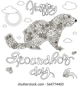 Sketch of banner Happy Groundhog day, floral groundhog, anti stress coloring bock page stock vector illustration