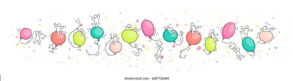 Sketch Banner - Happy People. Doodle Cute Border Of Men With Balloons. Hand Drawn Cartoon Vector Illustration For Celebration Design.