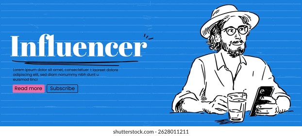 Sketch banner with man fashion blogger. Influencer concept. Vector banner with blue bold bg. 