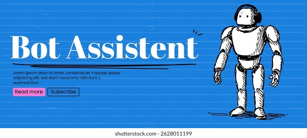 Esboço de banner com robô. Bot conceito assistente. Banner vetorial com negrito azul bg. 